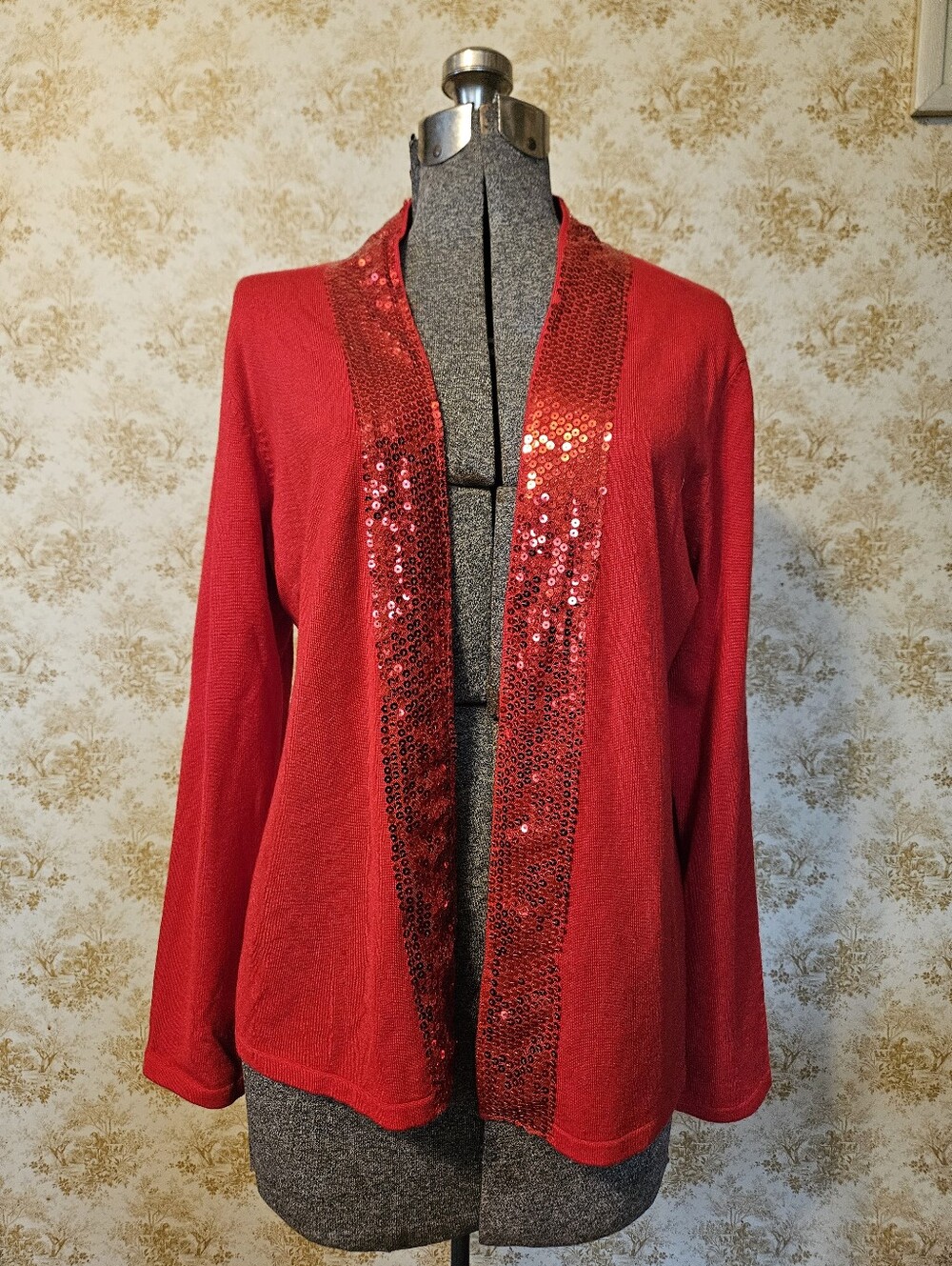 Notations Lrg Seqined Scarlet Red Cardigan